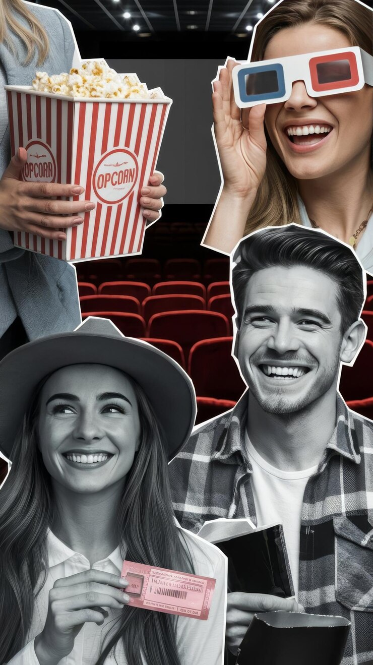 Collage about movie time with smiley people